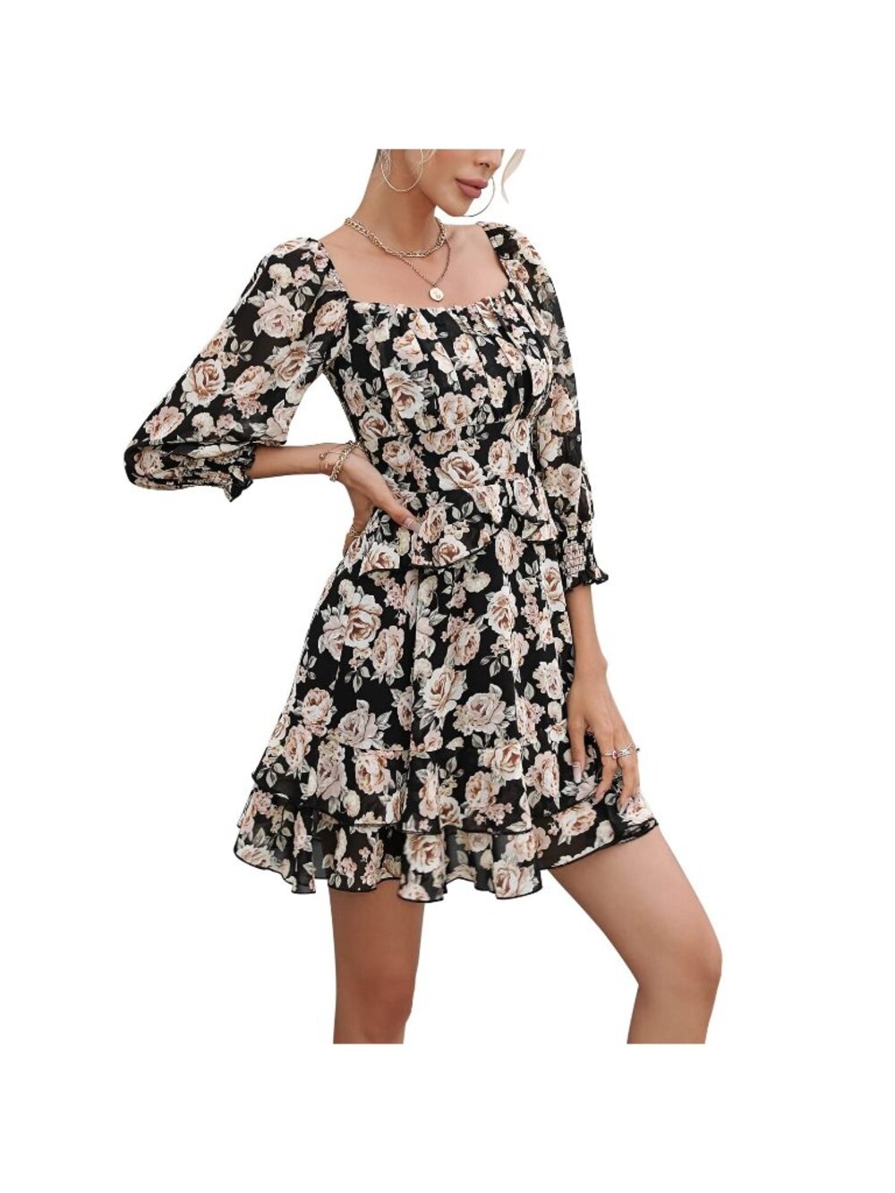 NWT EXLURA Floral Ruffle Sundress Tiered Square Neck Smocked Dress Small